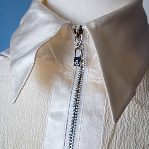 Women's BEBE Sheer Blouse with Satin Trim – Zip Front, Short Sleeve - Picture 2 of 5